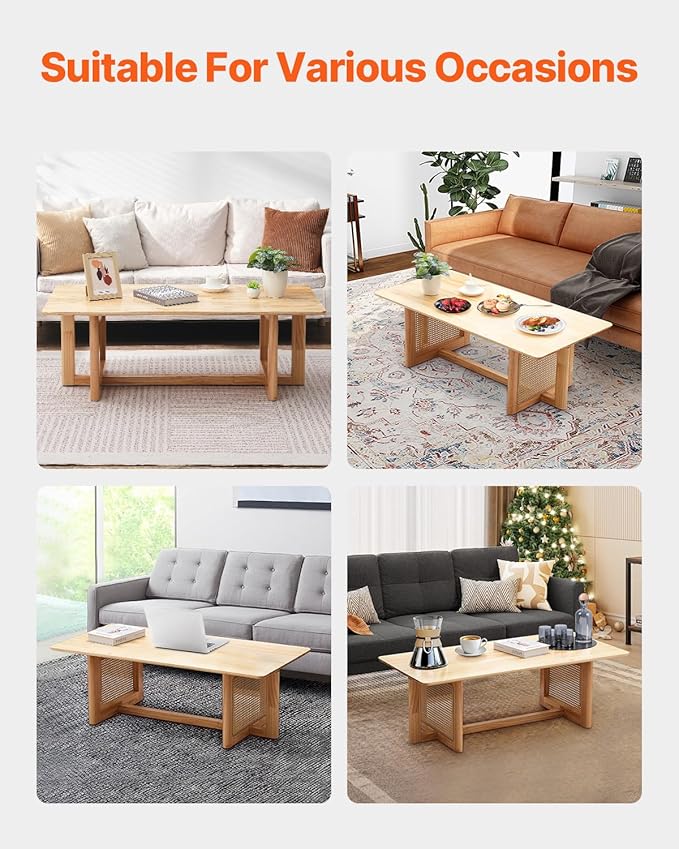 VEVOR Rattan Coffee Table, Rectangle Woven With Rubber Wood Top, 47-Inch Modern Boho Storage Table With Natural Legs, for Living Room, Bedroom & Small Spaces