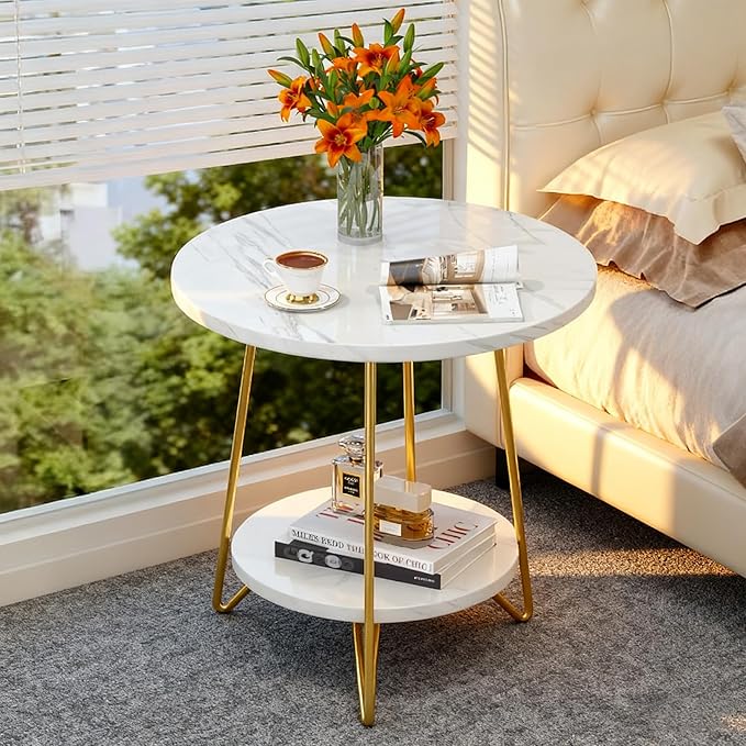 Tribesigns Faux Marble End Table, 2 Tier Round Side Table with Shelves, Modern Gold Nightstand Bedside Table Small Coffee Accent Table for Living Room Bedroom, White and Gold