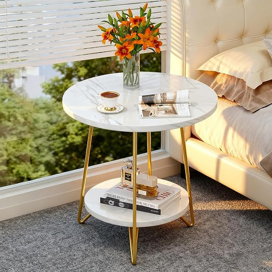 Tribesigns Faux Marble End Table, 2 Tier Round Side Table with Shelves, Modern Gold Nightstand Bedside Table Small Coffee Accent Table for Living Room Bedroom, White and Gold