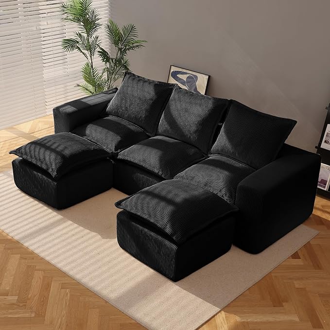 107" Comfy Cloud Couch with U-Shape Chaise & Deep Seat, Modular Sectional Sofa in a Box, Boneless Upholstered Couches for Living Room, No Assembly Required (Soft Corduroy, Black)
