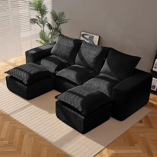 107" Comfy Cloud Couch with U-Shape Chaise & Deep Seat, Modular Sectional Sofa in a Box, Boneless Upholstered Couches for Living Room, No Assembly Required (Soft Corduroy, Black)