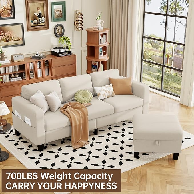 ZeeFu Sectional and Sofa Couches for Living Room - 78'' 3 Seater L-Shaped Modular Couch with Storage Ottoman - Modern Linen Fabric Upholstered Sofa Set for Small Space Apartment Office