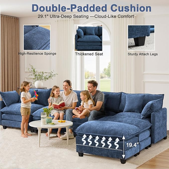 U-Shaped Cloud Chenille Sectional with 2 Ottomans, 146" Modular Sofa for Large Spaces, Ultimate Comfort with Deep Seats & Pillows, Solid Frame, 1YR Warranty
