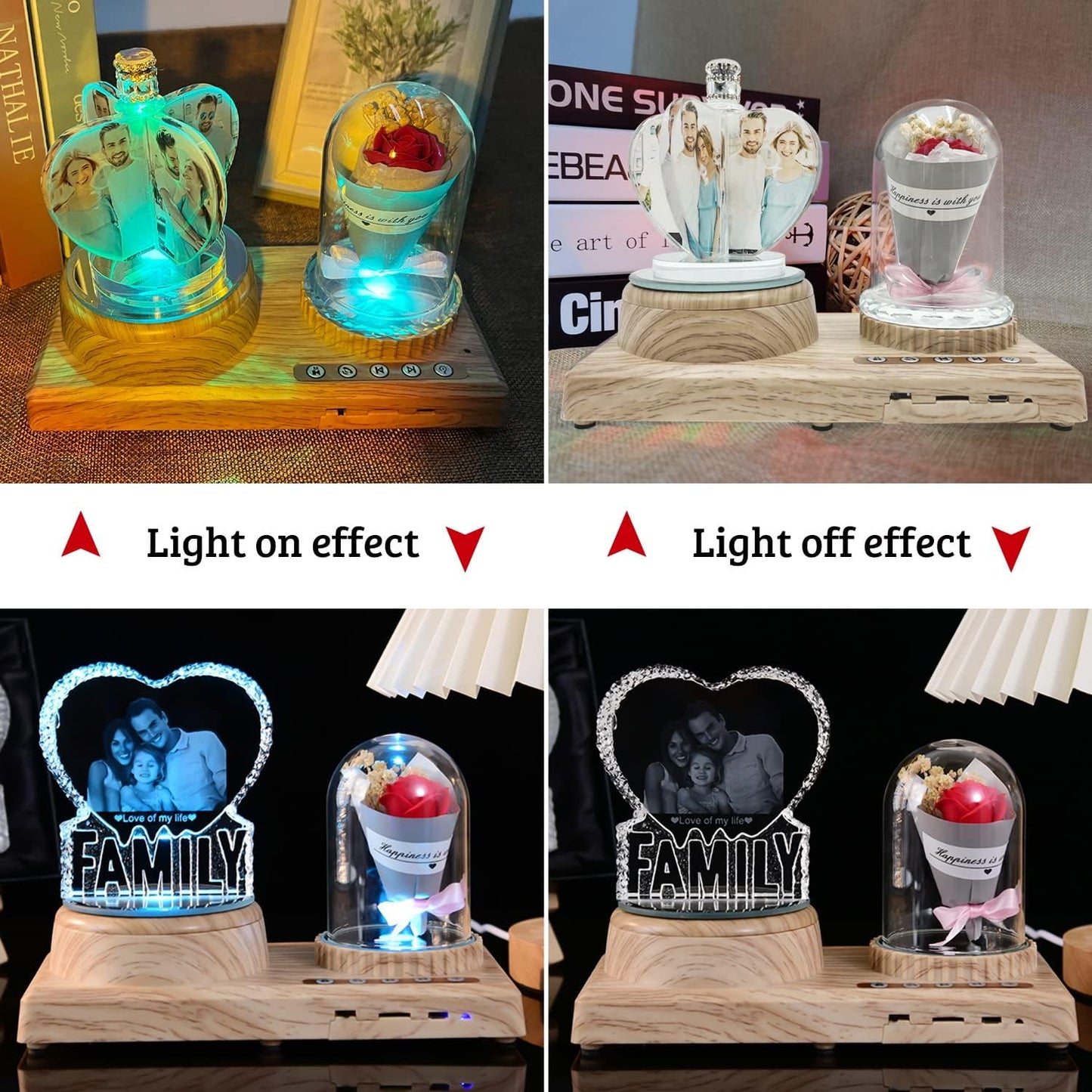 Personalized Heart Night Light 3D Crystal Lamp Custom Photo Picture Engraved, 3D Crystal Photo with Music Bluetooth Rotating Crystal Photo Frame Ornament, ILOVEU Couple Wedding Valentine's Day Gift