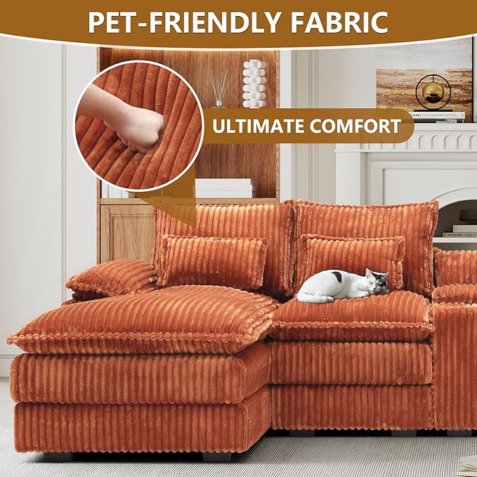 HYJT-H&K 124" U Shaped Cloud Couch Sectional, Comfy Fluffy Plush Corduroy Orange Sectional Couches for Living Room, Modern Modular Corduroy Couch Sectionals with Central Console & Double Chaise