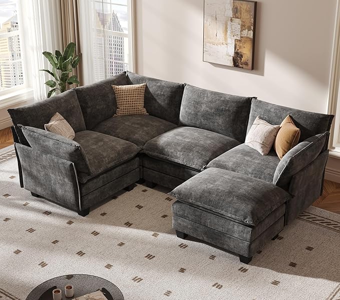 KKL Modular Sectional Sofa, J-Shaped 5 Seater Convertible L-Shaped Cloud Couch with Ottoman, Chenille Modern Sectional Couches for Living Room, Apartment Grey