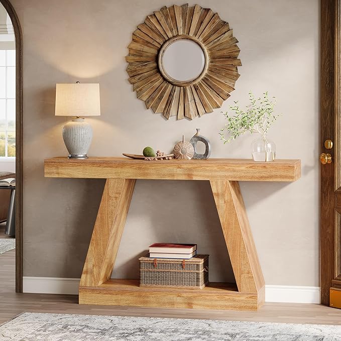 Tribesigns Farmhouse Console Table, 55-Inch Rustic Sofa Table with Storage, Industrial Wooden Entryway Table for Hallway, Living Room, Natural Brown