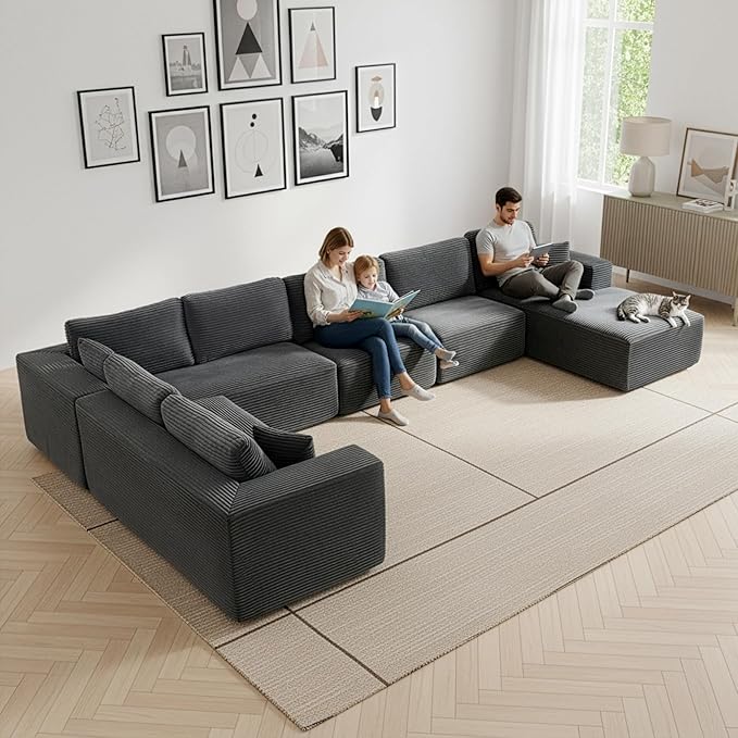 Modular Sectional Cloud Couch for Living Room,Modern Boneless Couche Set with Plush Corduroy,Comfy Floor Sofa with Memory Foam,Stupendous U Shaped Sofa with Chaise,No Assembly Required,Grey