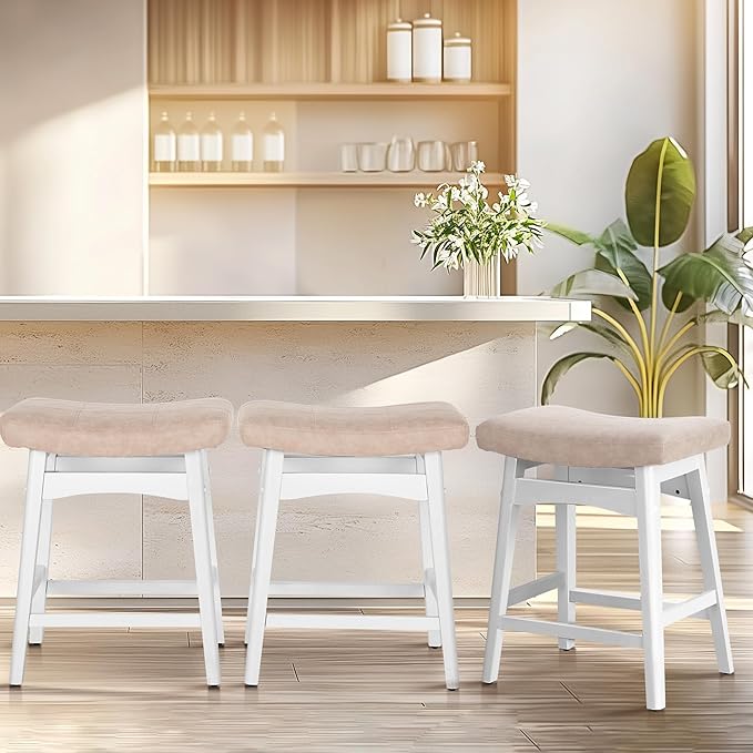 ALPHA HOME Bar Stools Set of 3, Solid Wood Saddle Kitchen Stools with Grey PU Leather Cushion Counter Height Barstools with Wooden Base for Kitchen Dining Cafe, 24 Inch, 3PCS
