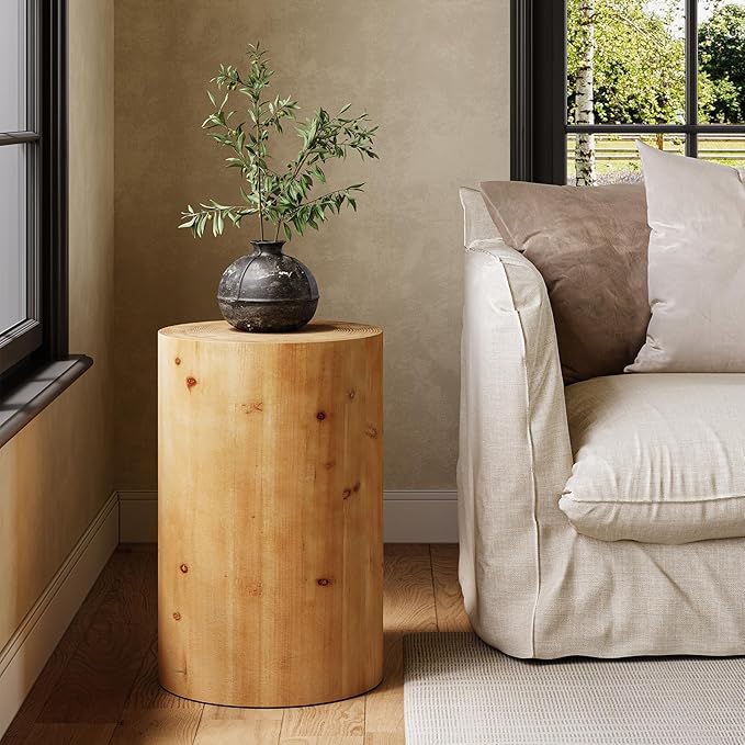 LITTLE TREE Small End Table, Wood Round Drink Table, Farmhouse Side Table for Small Spaces, Modern Plant Stand, Accent Cocktail Table for Living Room, Bedroom Nightstand, Wooden Pedestal Natural