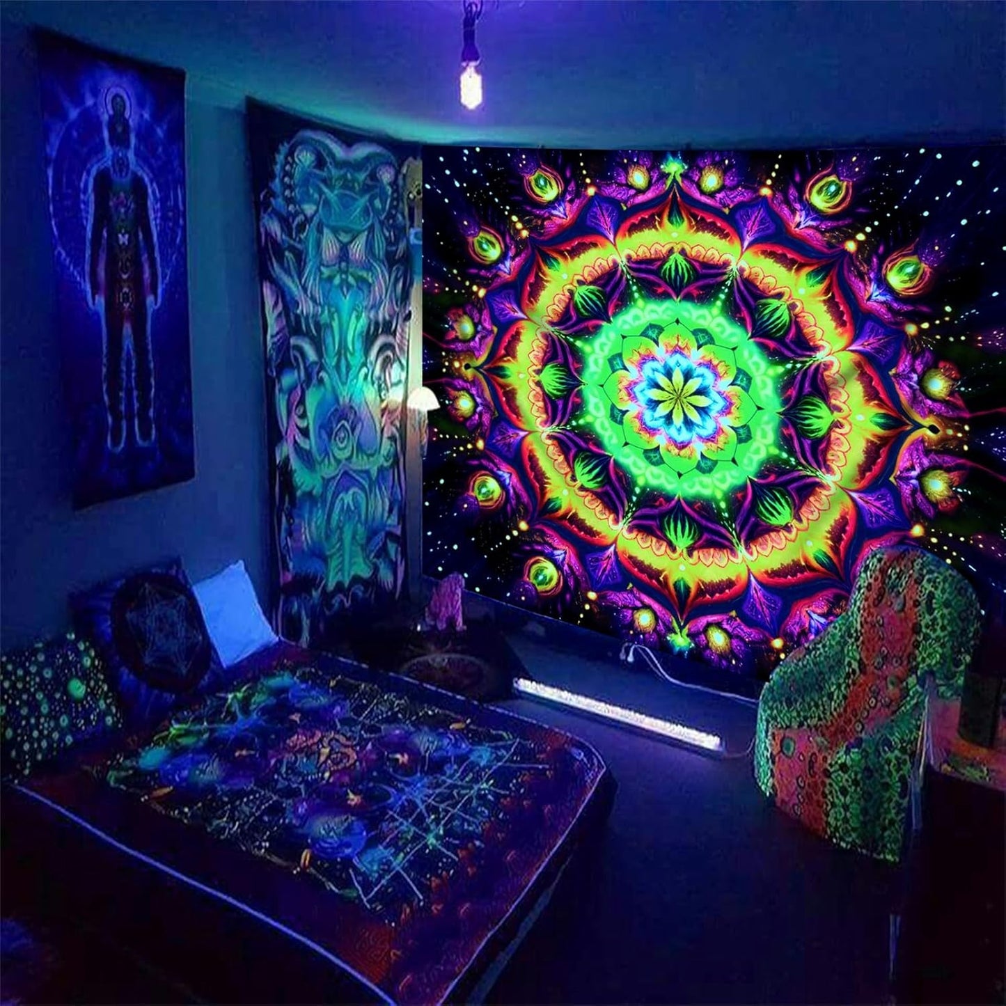 Blacklight Mandala Tapestry for Bedroom, Psychedelic Flower Black Light Posters for Adults and Teens, UV Reactive Aesthetic Bohemian Art Wall Hanging Decor Golden and Green (60 x 50 Inches)