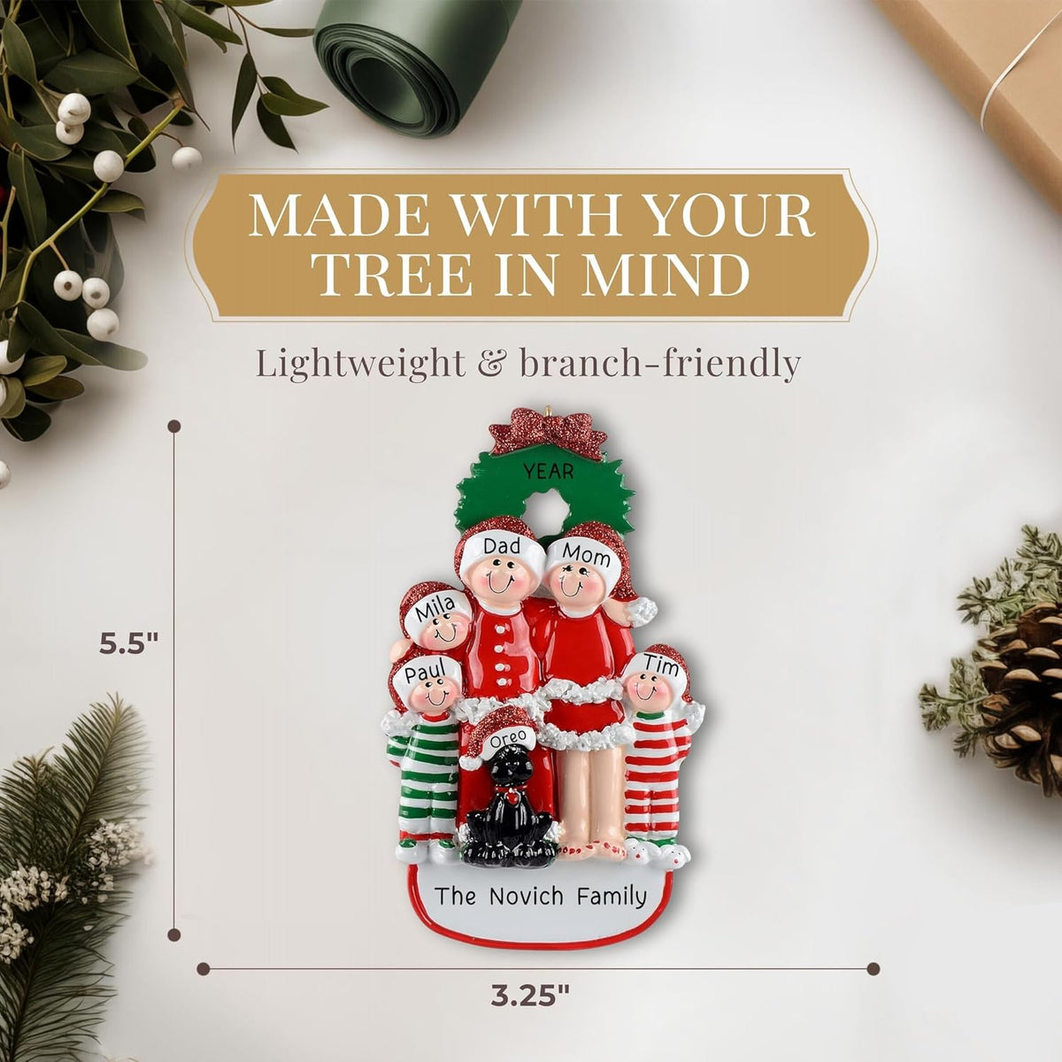 Personalized Family of 5 with Dog Ornament 2025 | Free 24h Customization | Christmas Ornaments for Tree | Custom Gift Wrapped Black Pet Keepsake for Dog-Lovers