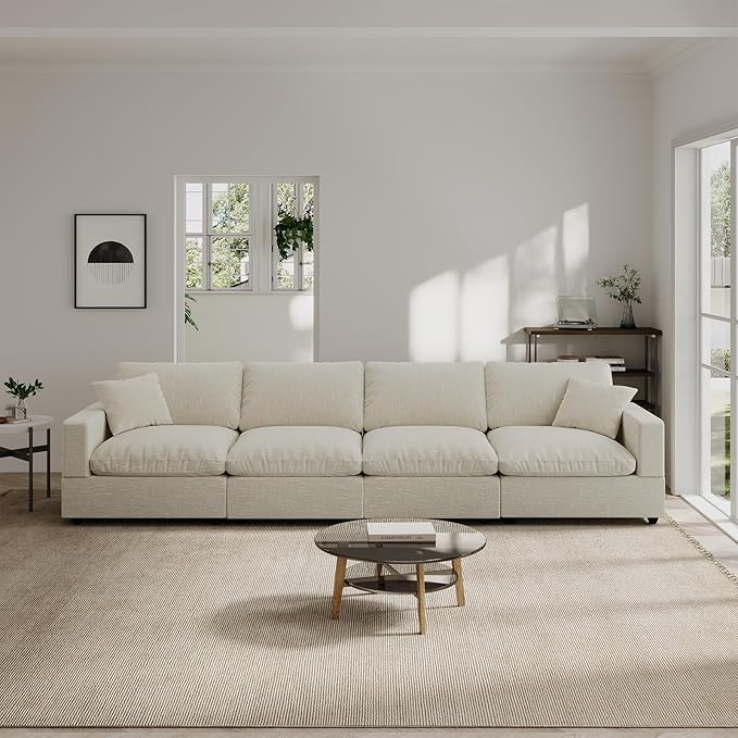 Modern Sectional Linen Couch for Living Room,4 Seat Modular Cloud Sofas,Detachable Couch Cushion Covers,Cozy Feather Down Sofa for Apartment Beige