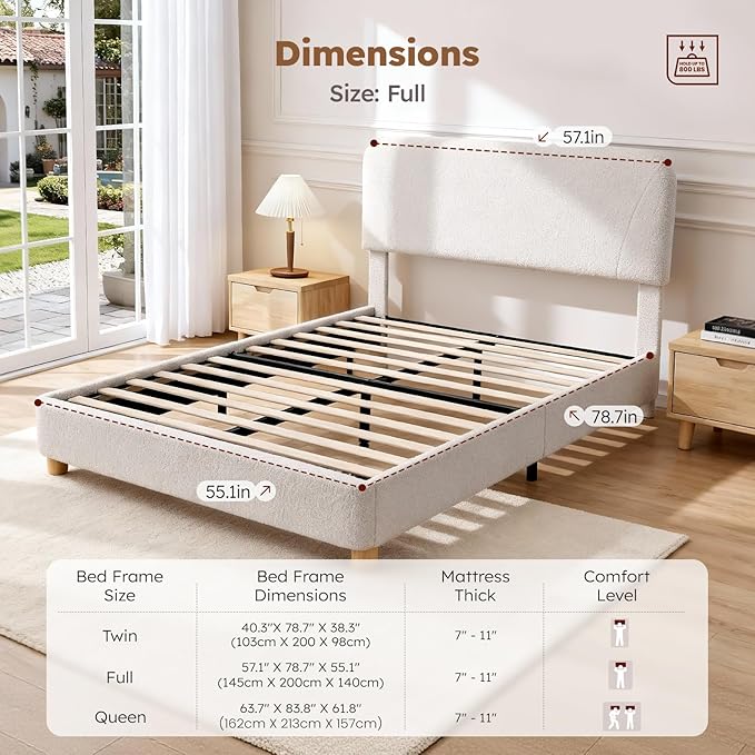 Full Size Cloud Bed Frame, Upholstered Boucle Bed Frame with Adjustable Headboard, Solid Wood Legs, Rounded Corners Design & Easy Assembly – Modern Platform Bed,Cream