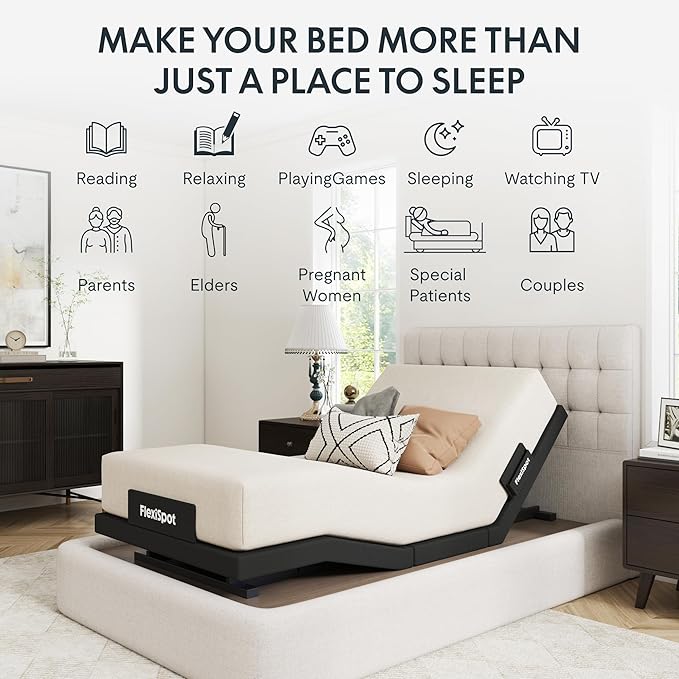 FLEXISPOT Adjustable Bed Frame Base Twin XL + 10" Cooling Gel Memory Foam Mattress, Massage, Head and Foot Incline, Zero Gravity, Zero Clearance, Under-Bed Lights, Anti-Snore, Wireless Remote