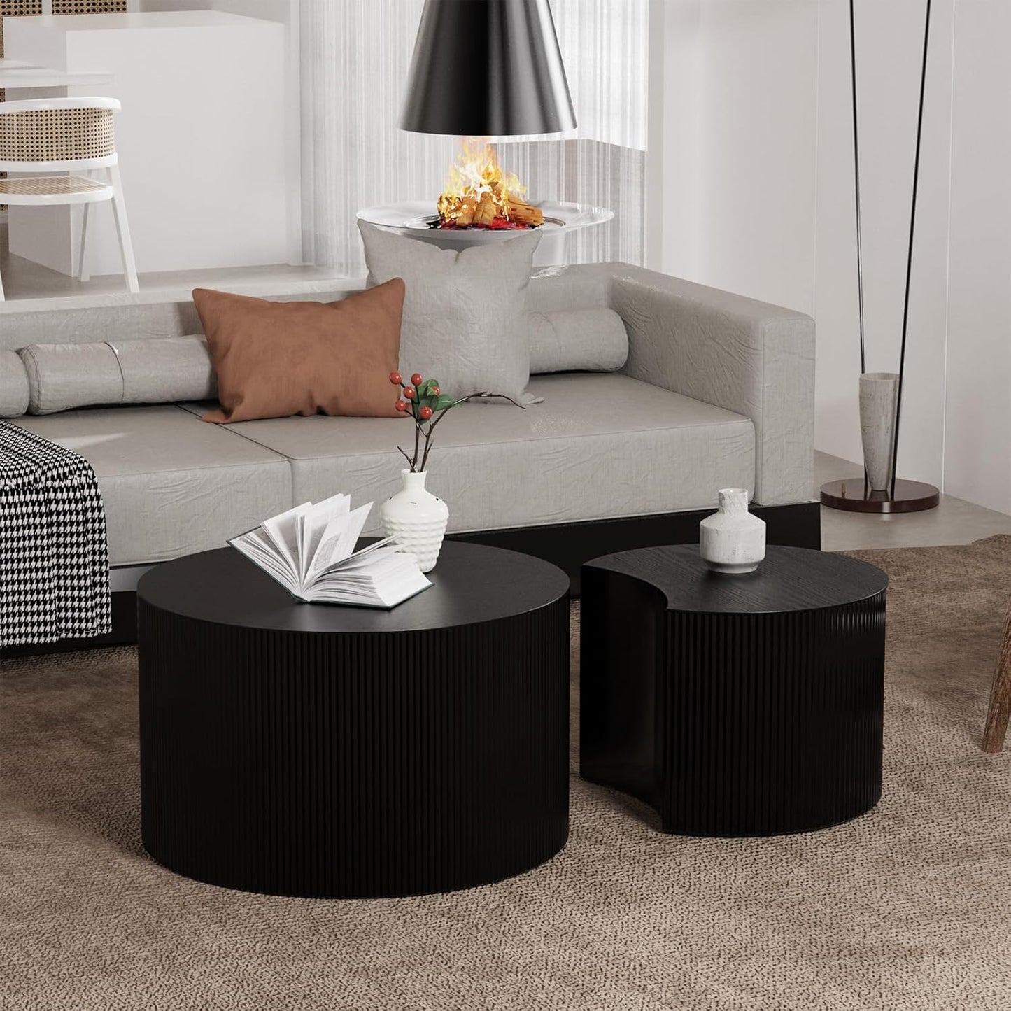 Round Nesting Coffee Table, Drum Wood Coffee Table Set of 2 Black, Modern Fluted Nesting Tables Circle Center Table 2 Piece for Small Spaces Living Room Bedroom Balcony Office, No Assembling