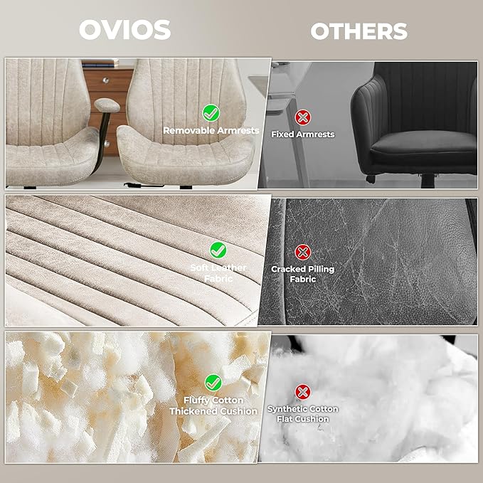 ovios Home Office Ergonomic Chair, Mid-Century Modern Luxury Faux Suede Leather Chairs, Comfy High Back Computer Swivel Rolling Task Armchair for Executive, Beige