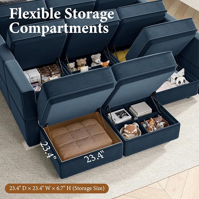 Vesgantti Sectional Sleeper Sofas with Storage, 92" Sofa Bed with 6 Seats Storage Chaises Removeble Cover, Deep Seat Modular Couches Velvet Couch Set for Living Room, Apartment, Home Theatre, Blue