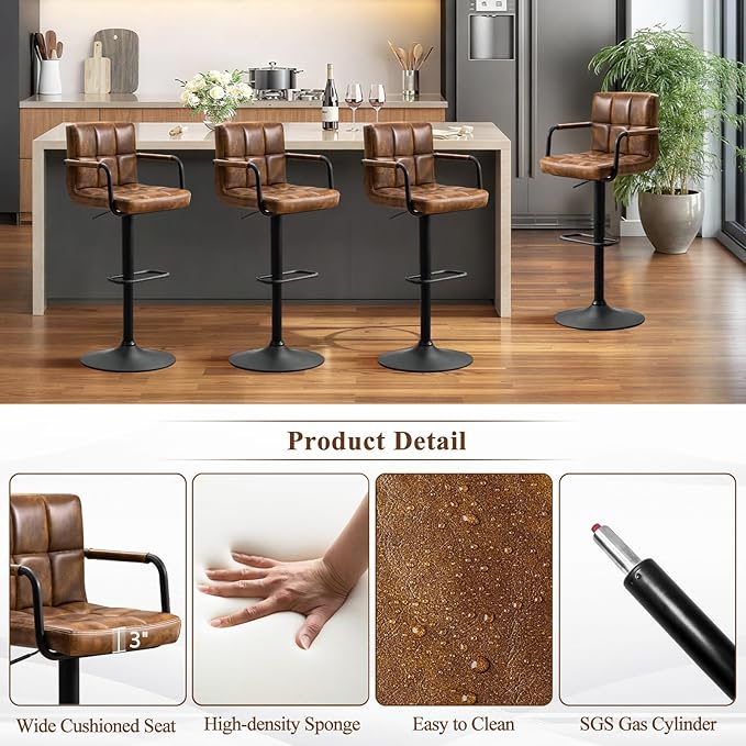 Furniliving Bar Stools Set of 2 with Back, Modern Square PU Leather Kitchen Stools with Armrest, Adjustable Counter Height Barstools for Kitchen Bar Pub Cafe (Yellowbrown)