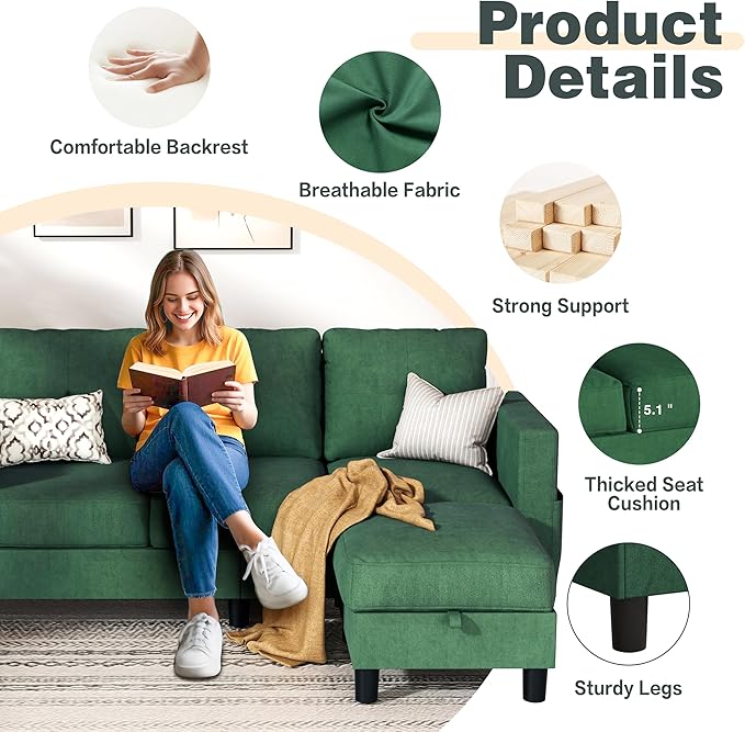 JY QAQA Convertible Sectional Sofa Couch with 3-Seat Sofa, L-Shaped Ottoman Couch with Modern Linen Fabric for Small Living Room, Apartment and Small Space(Green)