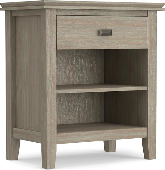 SIMPLIHOME Artisan Bedside Table - 24 inch Wide Solid Wood Nightstand Table in Distressed Grey, Contemporary Bedroom Side or End Table with 1 Drawer, Open Shelf Storage and Bronze Knobs