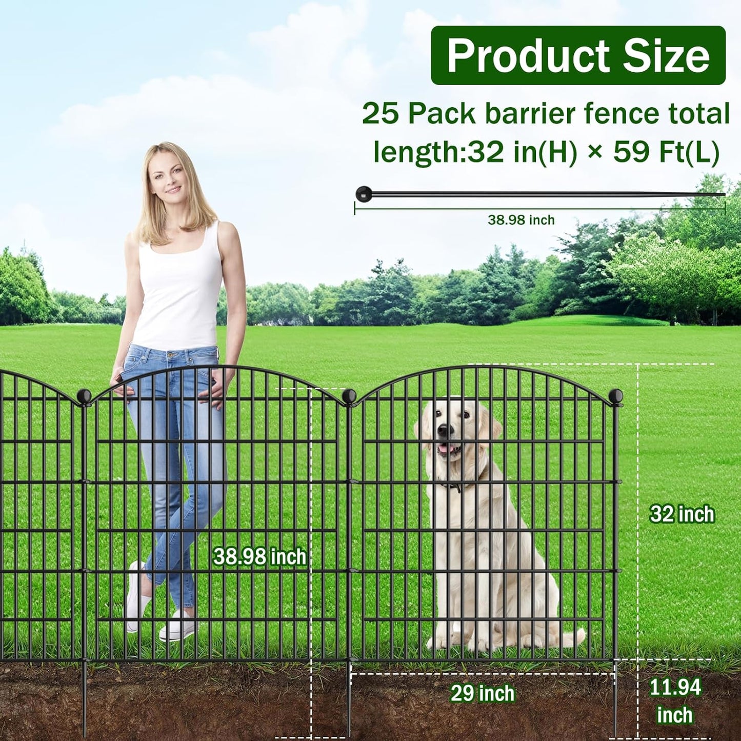 20 Panels No Dig Decorative Garden Fence with Gate - 40 in (H) x 47.2 ft (L) 19 Panels + 1 Gate, Dog Fence Outdoor for Yard, Rustproof Metal Animal Barrier Ground Stakes Fencing for Garden