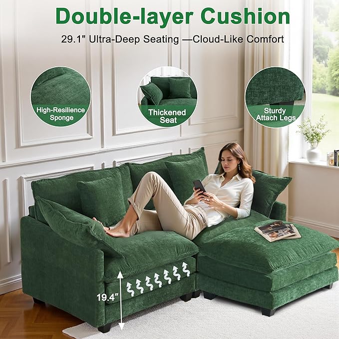Cloud Chenille L-Shaped Sofa with Ottoman, 77" Space Saving Sectional Loveseat with Chaise, for Small Spaces, Easy Assembly, 1YR Warranty