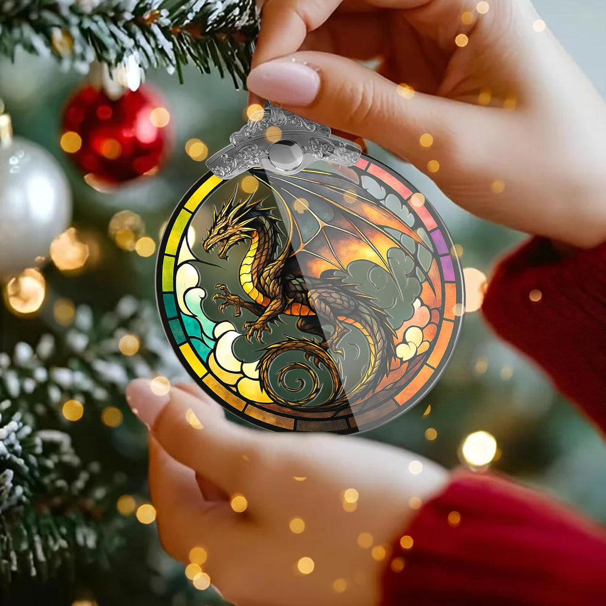Dragon Stained Art Window Hanging – Fantasy Dragon Ornament for Christmas Tree or Home Decor – ACOTAR Fourth Wing DnD Gift – Dungeons and Dragons Decor for Fans