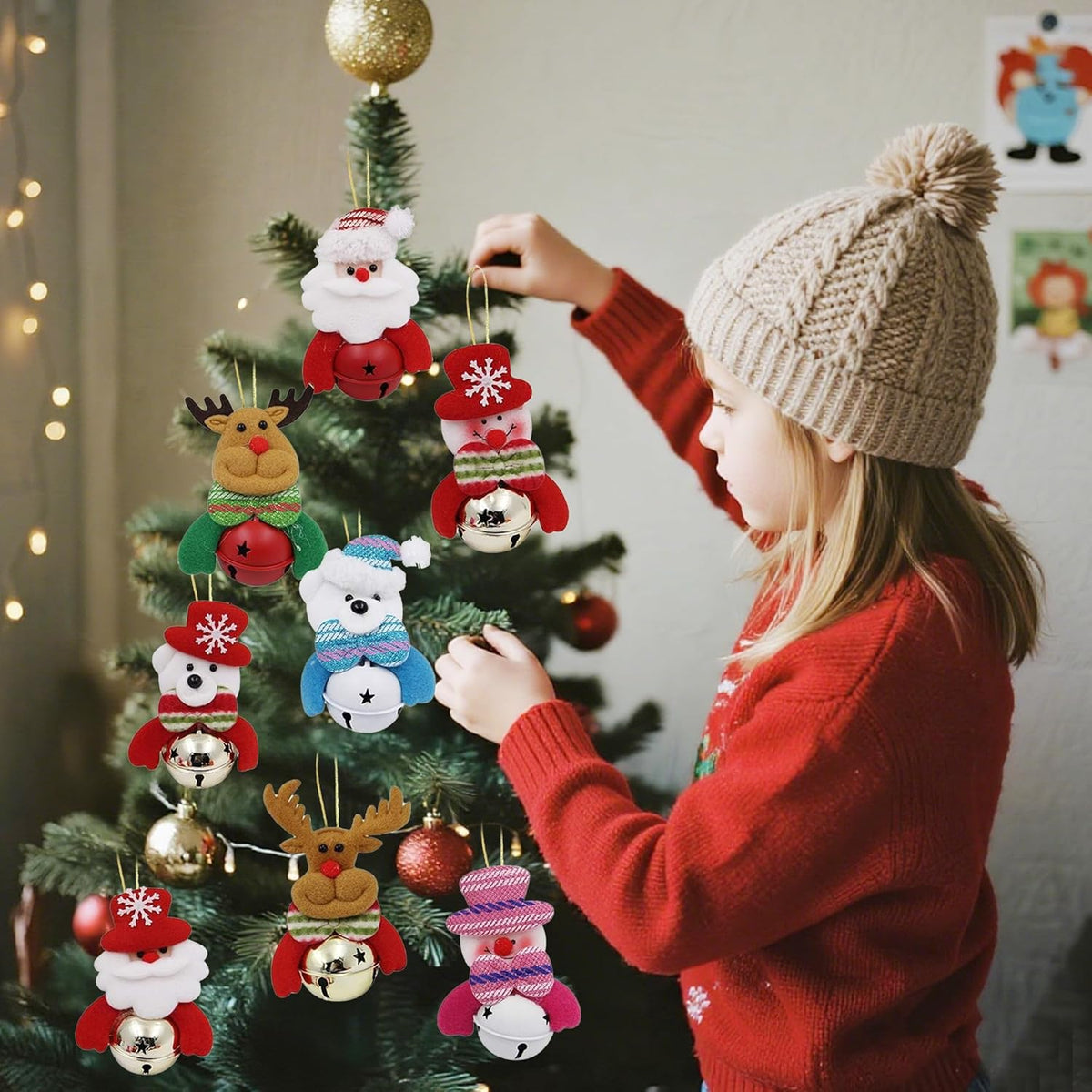 Happy Trees Christmas Tree Plush Ornaments Set for Xmas Home Party Decor, Christmas Hanging Snowman Elk Santa Claus Polar Bear Decorations with Metal Bells, 8 Pcs (Set of 8)