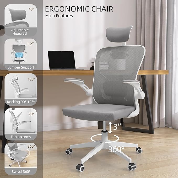 Ergonomic Office Chair, High-Back Mesh Computer Desk Chair with Adjustable Height, Lumbar Support, Flip-Up Armrests,headrest，and Swivel Rolling Design for Home and Office Use