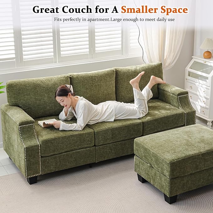 85" Sectional Couches with Storage Ottoman,L Shaped Couch with Armrest Organizer,3-Seater Sofa,Small Sofas for Living Room,Apartment,Sofa Set with Oversized Chair,Chenille,Green