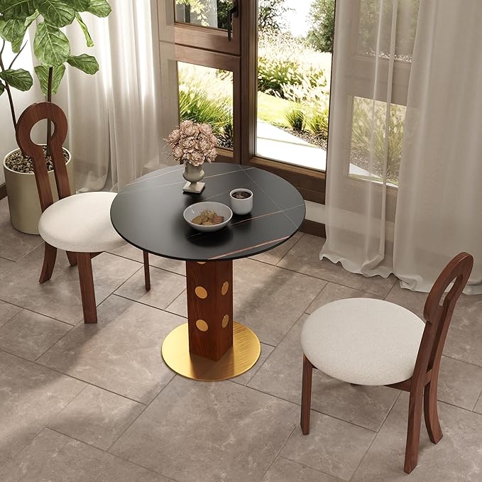 Sintered Stone Office Table and Chair Set - 33.5" Round Table for Small Offices (Red Leg and Black Top, 1 Table and 2 Chairs)