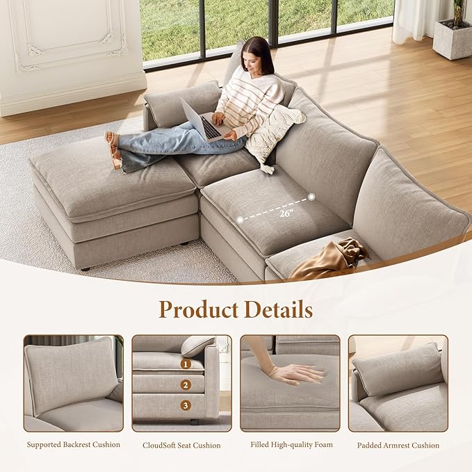 Vesgantti 142" U Shaped Sectional Couch, Comfy Cloud Modular Sectional Sofa with 2 Ottoman Deep Seat Chenille Modern Cloud Sofa, Modular Sofas for Living Room, Bedroom and Apartment, Light Brown