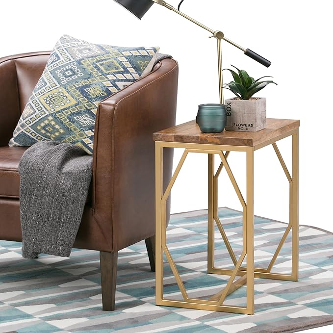 SIMPLIHOME Selma Contemporary 20 Inch Wide Metal and Wood Accent Side Table in Natural, Gold, For the Living Room and Bedroom