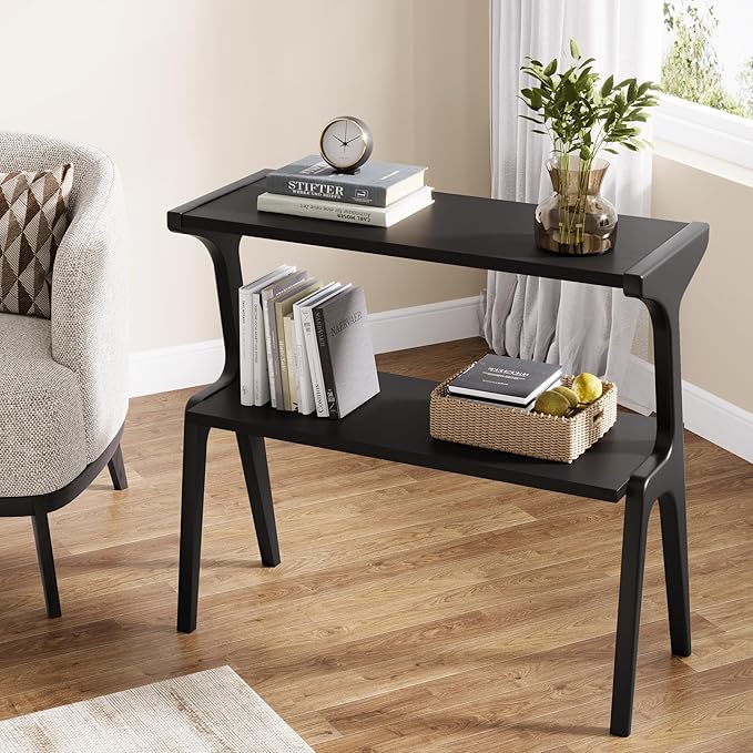 Tribesigns Set of 2 Wood End Table, Modern Narrow Sofa Side Table with Storage, 2-Tier Slim Wooden Bedside Table with Unique Legs for Bedroom, Living Room, Small Spaces, Easy Assembly, Black