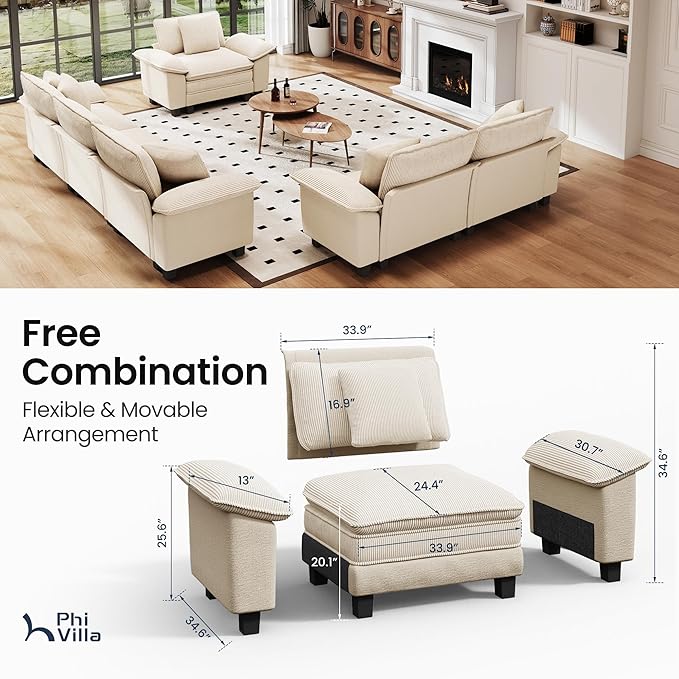 PHI VILLA Cloud Modular Couches Sets, 3 Pieces Sectional Sofa Set with Loveseats, 6-Seater Upholstered Couch for Living Room Small Spaces, Chenille Corduroy Dual Fabric, Beige