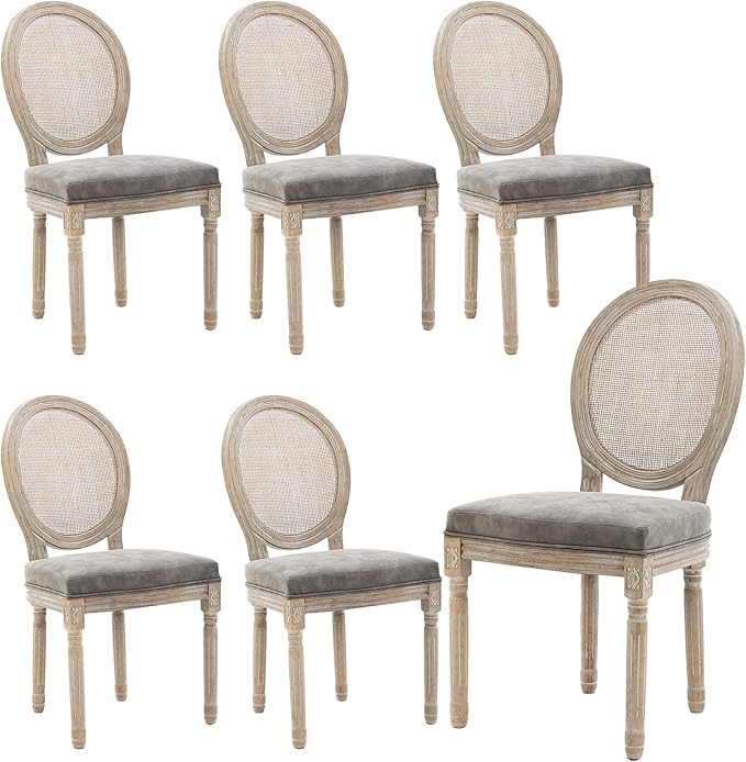Farmhouse Leather Dining Room Chairs Set of 6 French Dining Chairs with Round Rattan Back French Bistro Chairs for Dining Room/Living Room/Kitchen/Restaurant, Grey