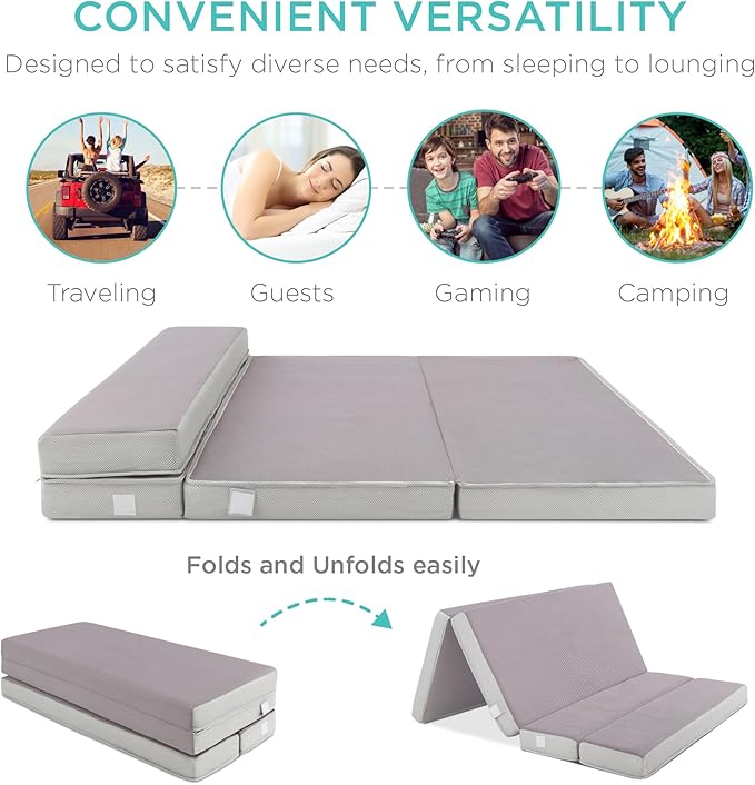 Best Choice Products 4in Portable Full-Size Mattress, Tri-Fold Mattress for Camping, Guest, Toddler, Foam Plush w/Carry Case - Grey