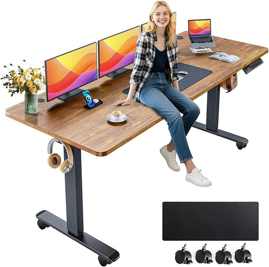 farexon 63 x 24 Inch Electric Standing Desk Adjustable Height, Sit-Stand Desk with Oversized Mouse Pad, Four Preset Heights, 27''-46'' Lifting Range Stand up Desk（Brown）