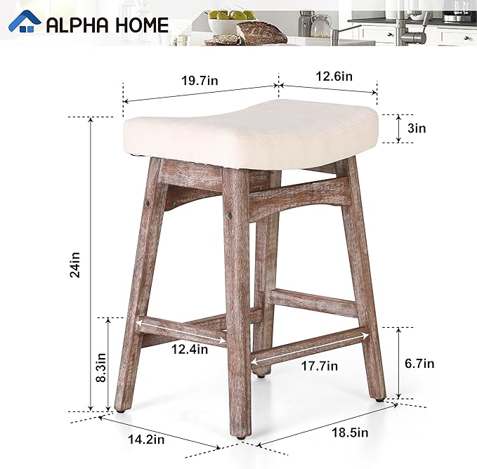 ALPHA HOME Bar Stools Set of 3, Solid Wood Saddle Kitchen Stools with Beige Linen Fabric Cushion Counter Height Barstools, 24 Inch, 3PCS