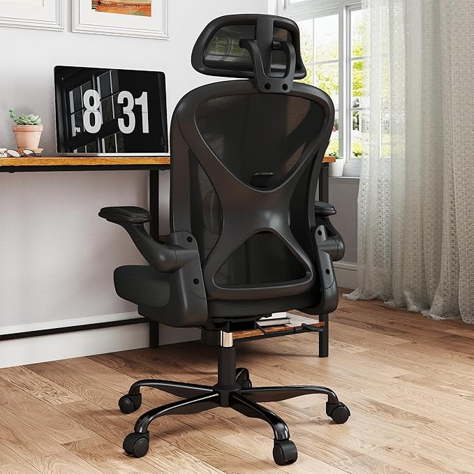 Ergonomic Office Chair Mesh Home Office Desk Chair with Adjustable Backrest and Headrest, Flip-up Armrests, Black