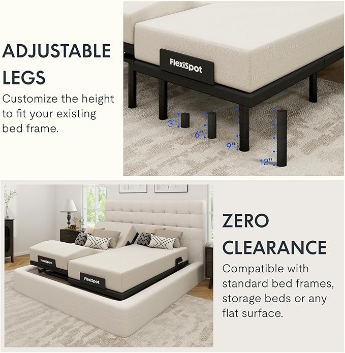 FLEXISPOT Adjustable Bed Frame Base Split King + 10" Cooling Gel Memory Foam Mattress, Massage, Head and Foot Incline, Zero Gravity, Zero Clearance, Under-Bed Lights, Anti-Snore, Wireless Remote