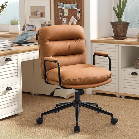 Furniliving Leather Home Desk Chair, Comfortable Executive Office Chair with Wheels, Ergonomic Computer Task Chair Adjustable Height, Brown