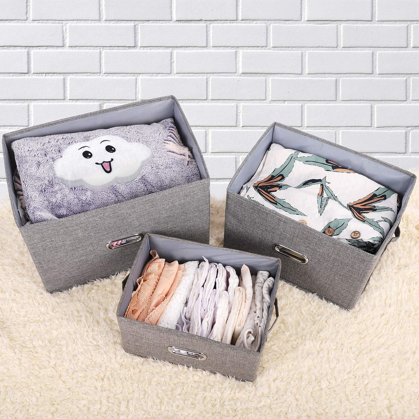 Large Linen Fabric Foldable Storage Bins with Removable Lid and Handles, Washable Storage Box Organizer Containers Baskets Cube with Cover for Bedroom,Office(Cream, Medium(2-Pack))