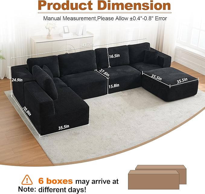Modular Sectional Cloud Couch for Living Room,Modern Boneless Couche Set with Plush Corduroy,Comfy Floor Sofa with Memory Foam,Stupendous U Shaped Sofa with Ottoman,No Assembly Required,Black