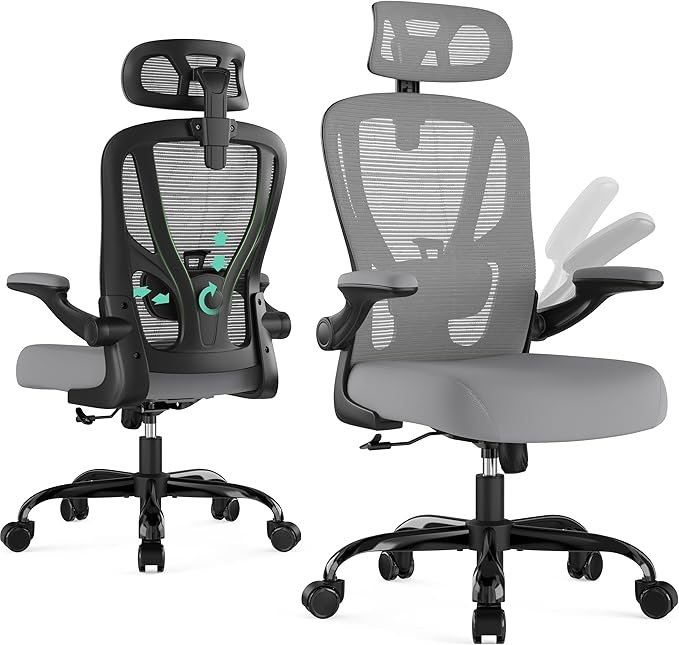 Office Chair Ergonomic Desk Chair - Mesh High Back Office Chair with Headrests Wheels Lumbar Support Home Desk Office Chairs Flip up Armrest Executive Rolling Swivel Task Computer Chair Gray