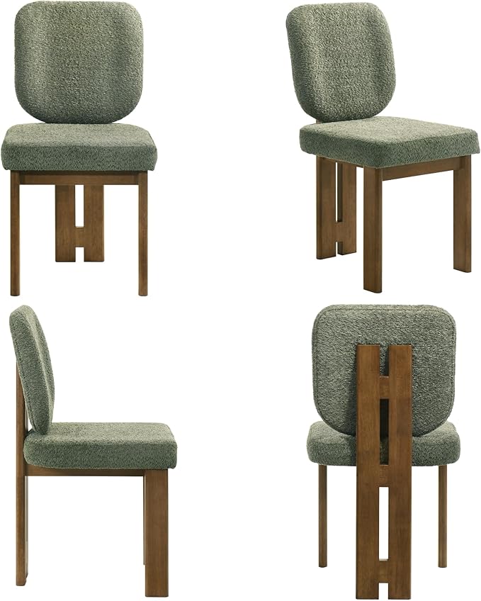Modern Dining Chairs Set of 4, Farmhouse Chenille Upholstered Wooden Kitchen Chairs with Back, Side Armless Dining Room Chairs with Walnut Wood Legs for Kitchen Restaurant, Green