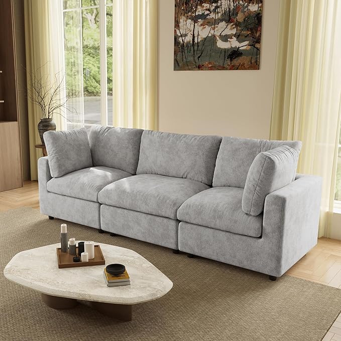 WJShome Modern Sectional Couches for Living Room,100 Inch 3-Seater Chenille Deep Seat Modular Sofa, Cloud Couch for Bedroom and Apartment，Gray