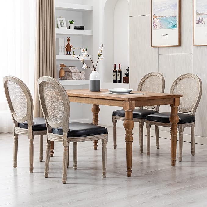 Farmhouse Leather Dining Room Chairs Set of 6 French Dining Chairs with Round Rattan Back French Bistro Chairs for Dining Room/Living Room/Kitchen/Restaurant, Black
