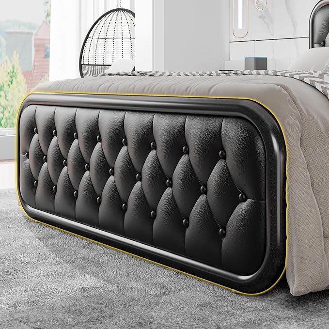 Einhomn® Queen Size Metal Bed Frame with Button Tufted Leather Upholstered Headboard and Footboard, U-Shape Support Foundation, No Box Spring Required, Black